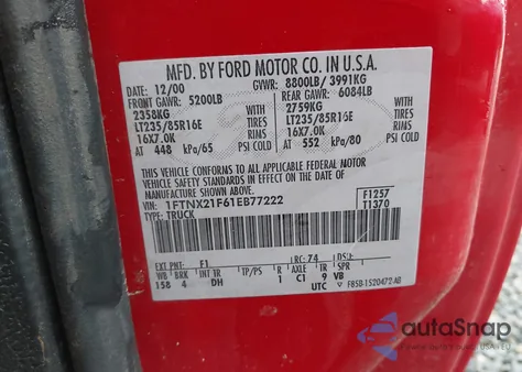 2001 Ford F-250 Lariat/Xl/Xlt z USA, uszkodzony, nr VIN 1FTNX21F61EB77222